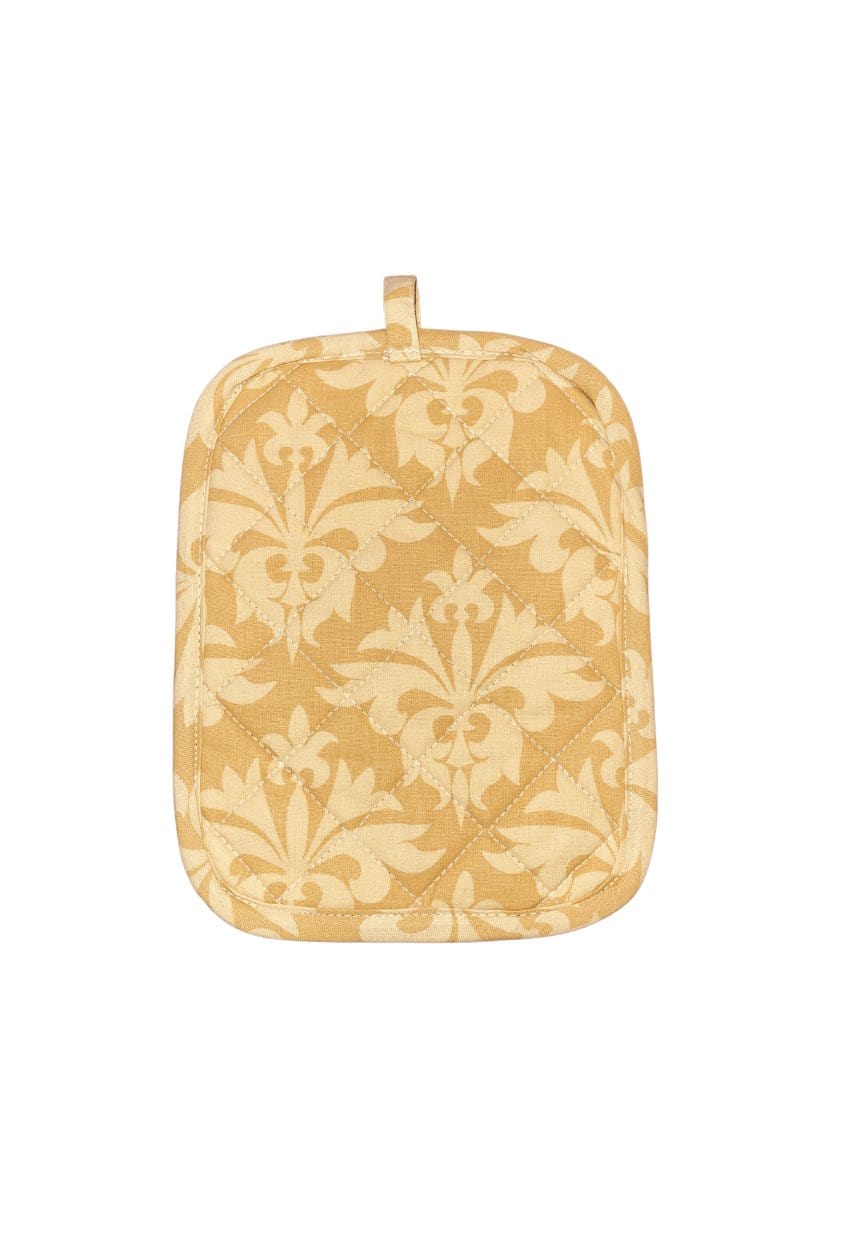 Hen House Linens grand fleur gold printed cloth 9” x 12” casserole potholders