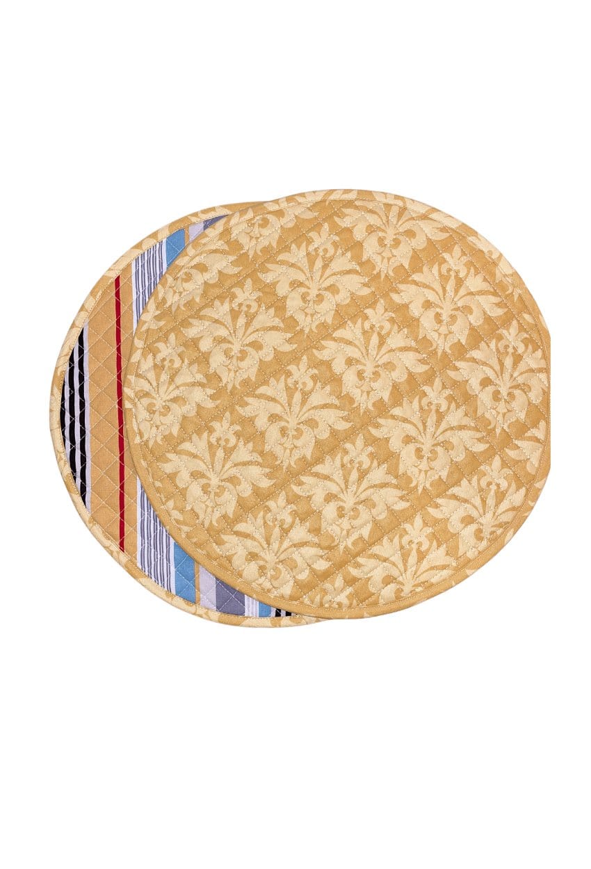 Hen House Linens grand fleur gold reversible bold stripe licorice black printed round quilted cloth placemats