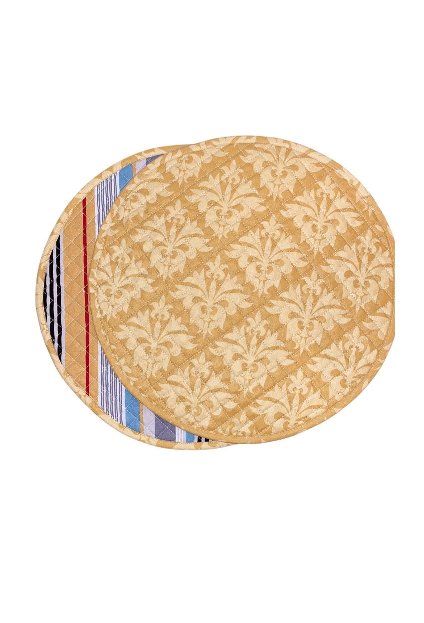 Hen House Linens grand fleur gold reversible bold stripe licorice black printed round quilted cloth placemats