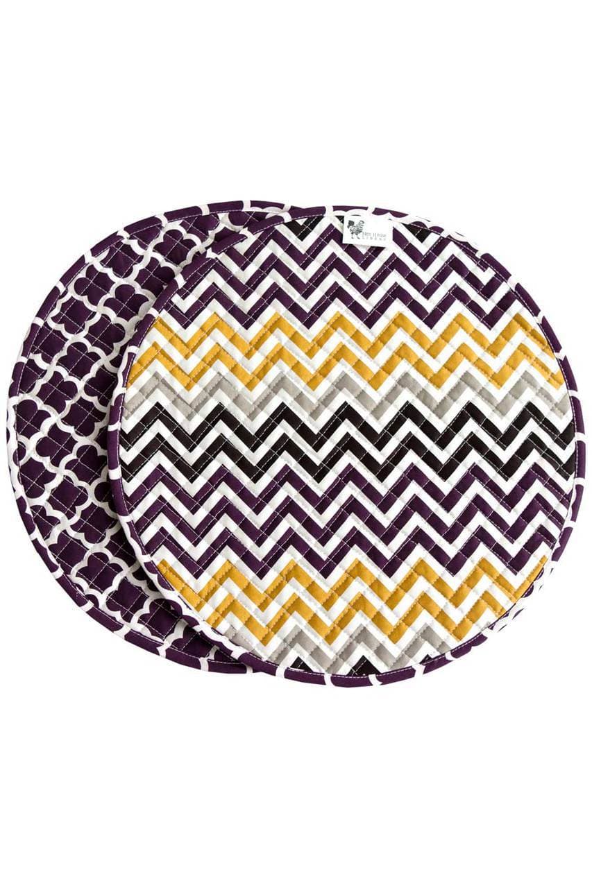 Hen House Linens latticework aubergine purple reversible chervron aubergine purple printed round quilted cloth placemats
