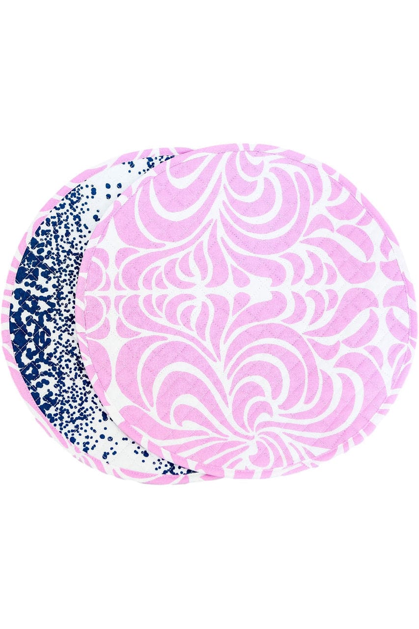 Hen House Linens nouveau orchid pink reversible stardust indigo blue printed round quilted cloth placemats