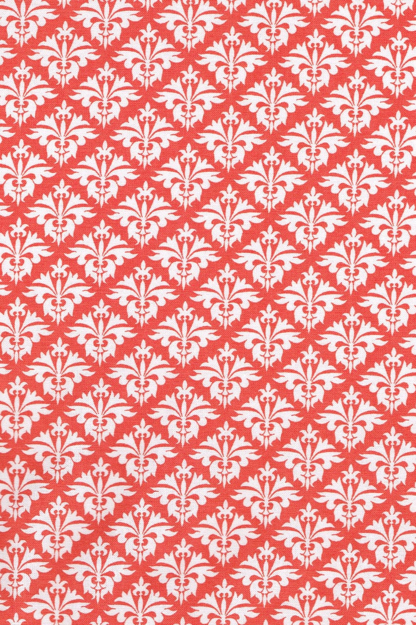 Hen House Linens petite fleur-de-lis grenadine orange printed cloth 9" x 12" casserole potholders