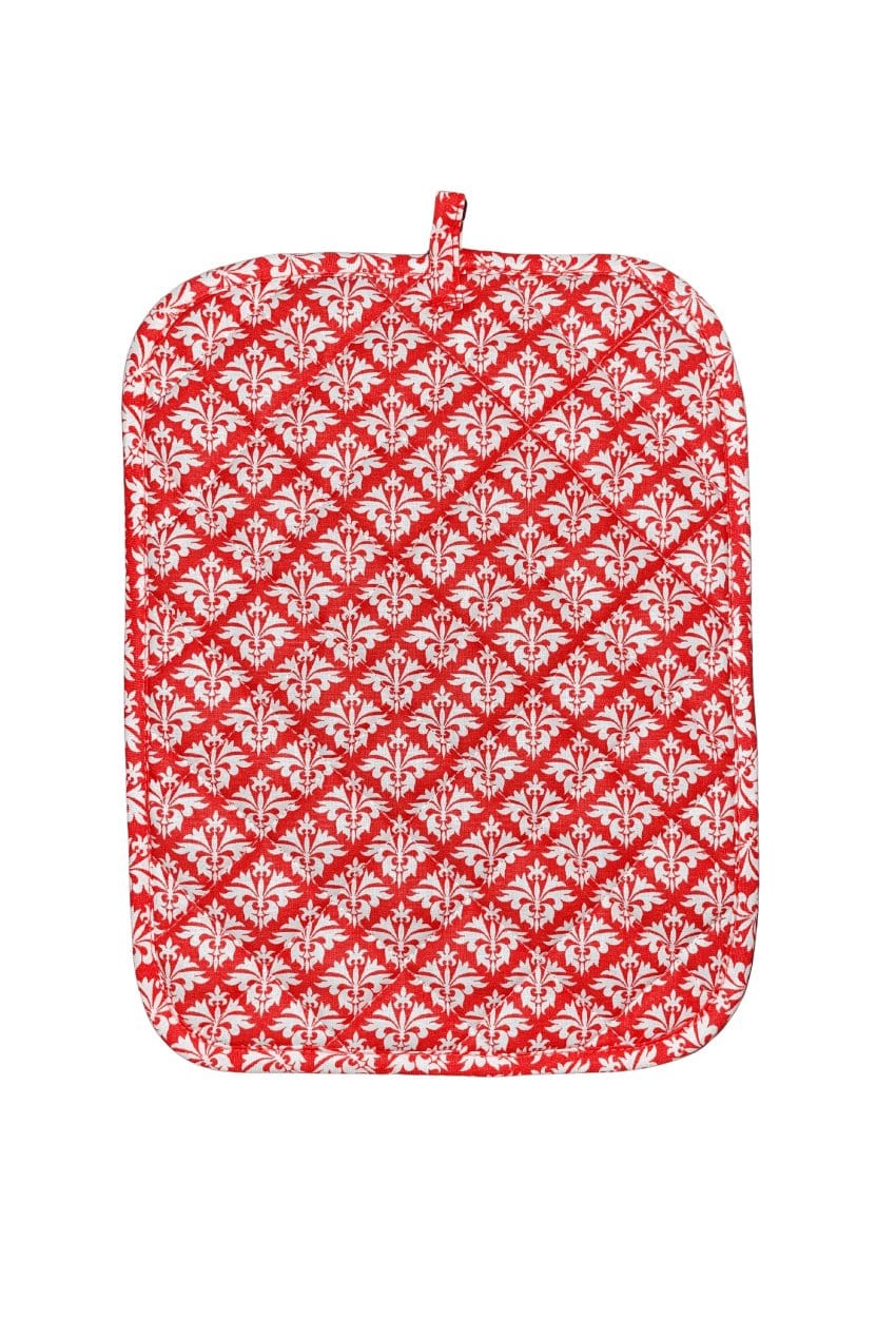 Hen House Linens petite fleur-de-lis grenadine orange printed cloth 9" x 12" casserole potholders