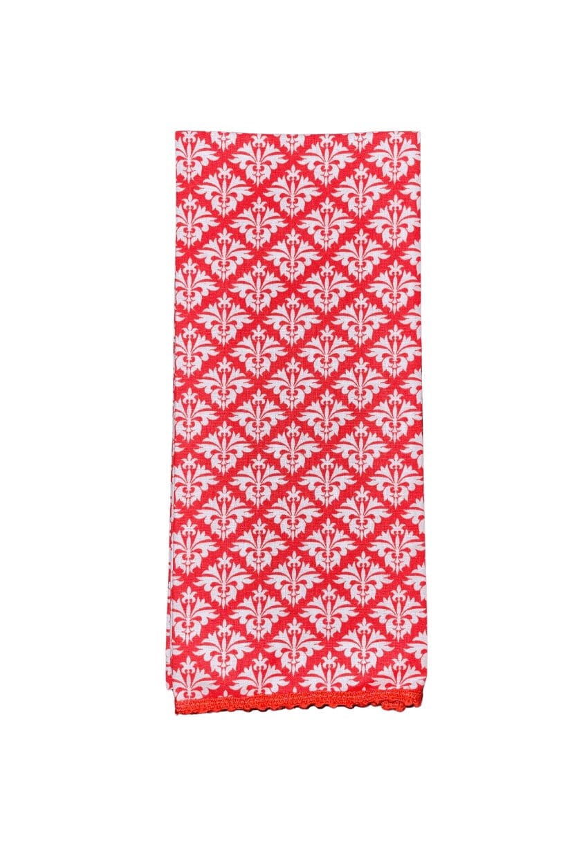Hen House Linens petite fleur-de-lis grenadine orange printed cloth guest towels