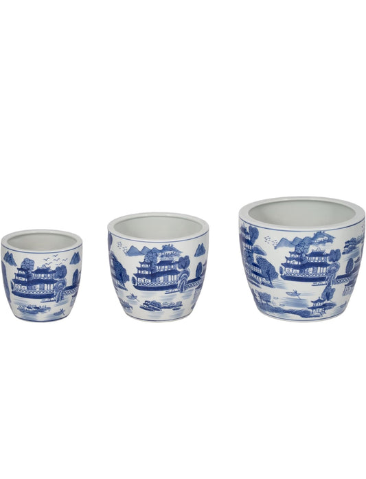 chinoiserie blue and white ceramic round planters