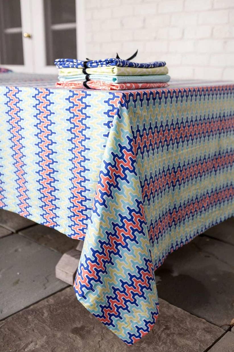 Hen House Linens arabesque aqua blue printed 60" square tablecloths - topper