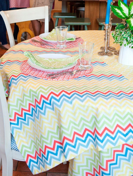 Hen House Linens chevron butter yellow printed 60" square tablecloths - topper