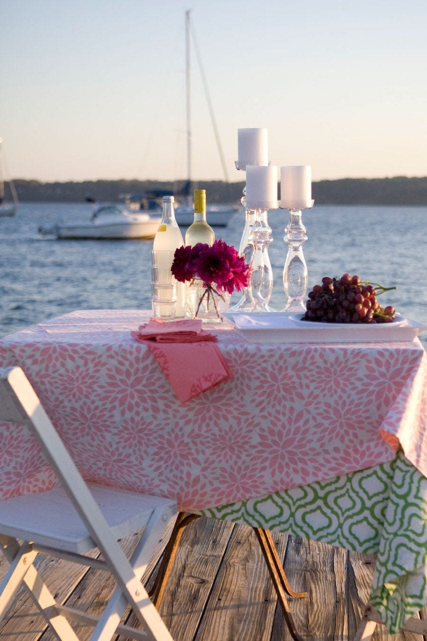 Hen House Linens dahlia blush pink printed 70” round tablecloths