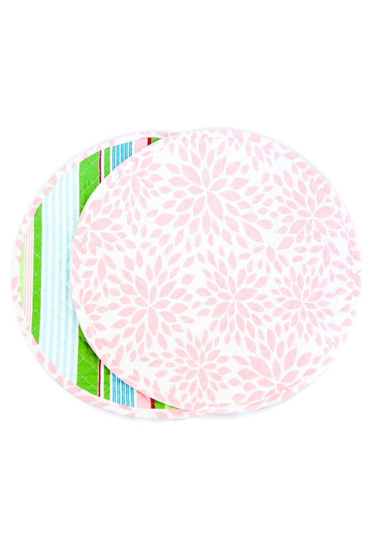 Hen House Linens dahlia blush pink reversible bold striped grass green printed round quilted cloth placemats