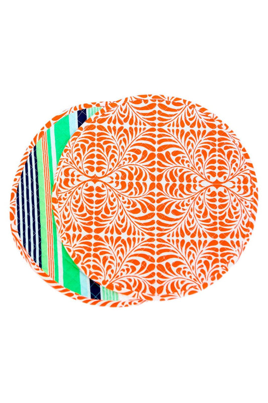 Hen House Linens fern orange reversible bold striped navy blue printed round quilted cloth placemats