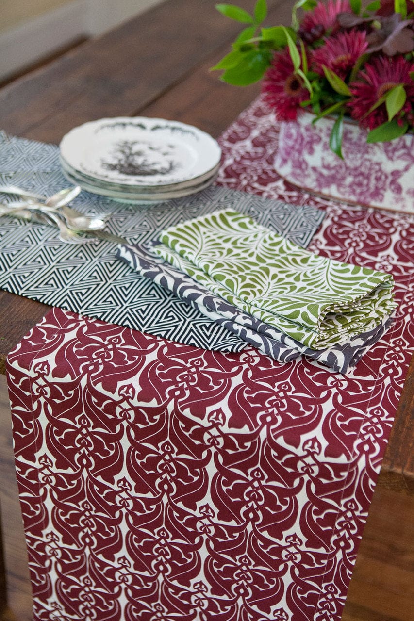 Hen House Linens filigree claret red printed cloth table runners