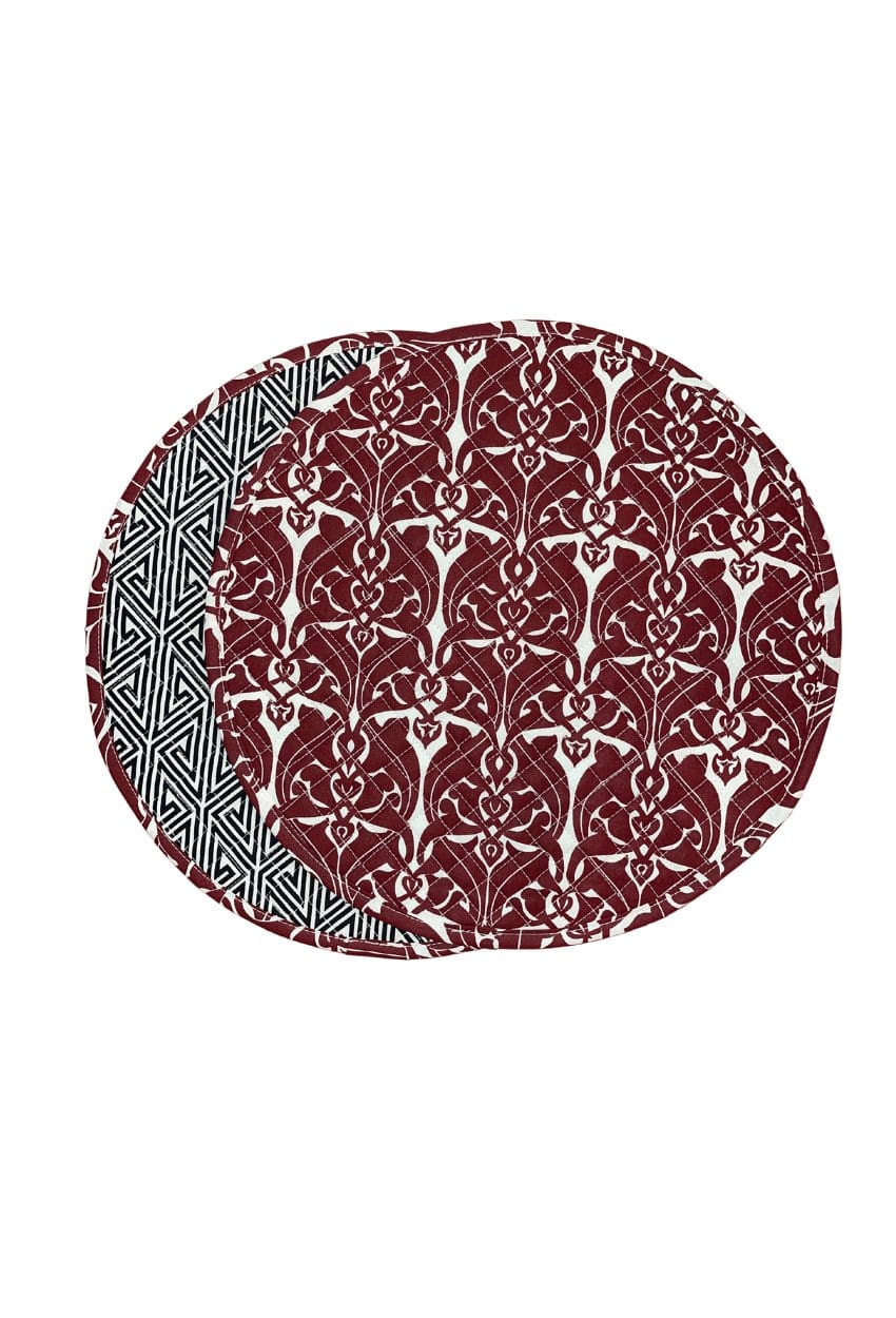 Hen House Linens filigree claret red reversible greek key licorice black printed round quilted cloth placemats
