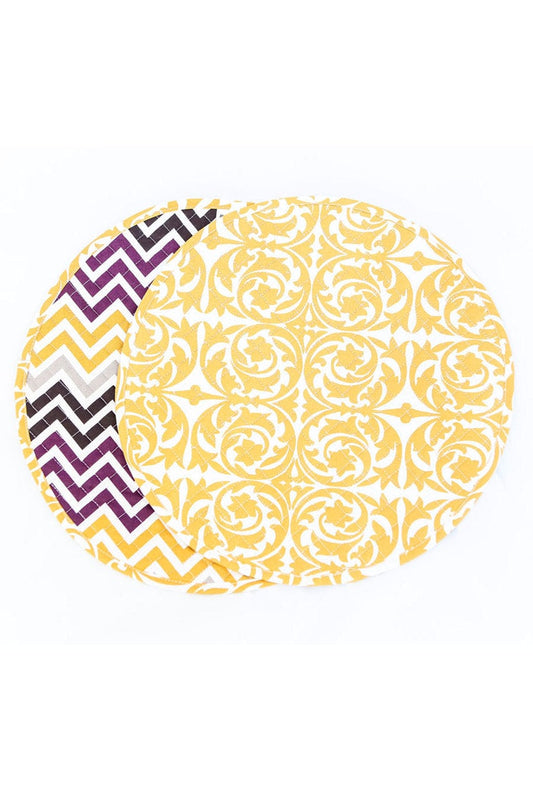 Hen House Linens garden gate ochre yellow reversible chevron aubergine purple printed round quilted cloth placemats
