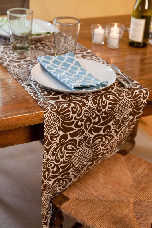 Hen House Linens gracious chocolate brown printed cloth table runners