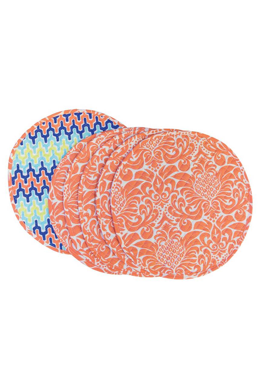 Hen House Linens gracious persimmon peach reversible arabesque aqua blue printed round quilted cloth placemats
