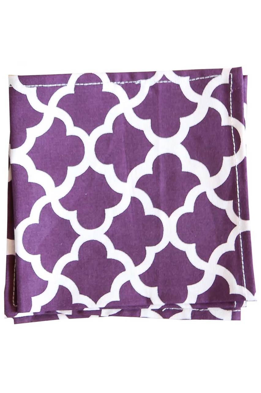 Hen House Linens latticework aubergine purple printed cloth cocktail napkins