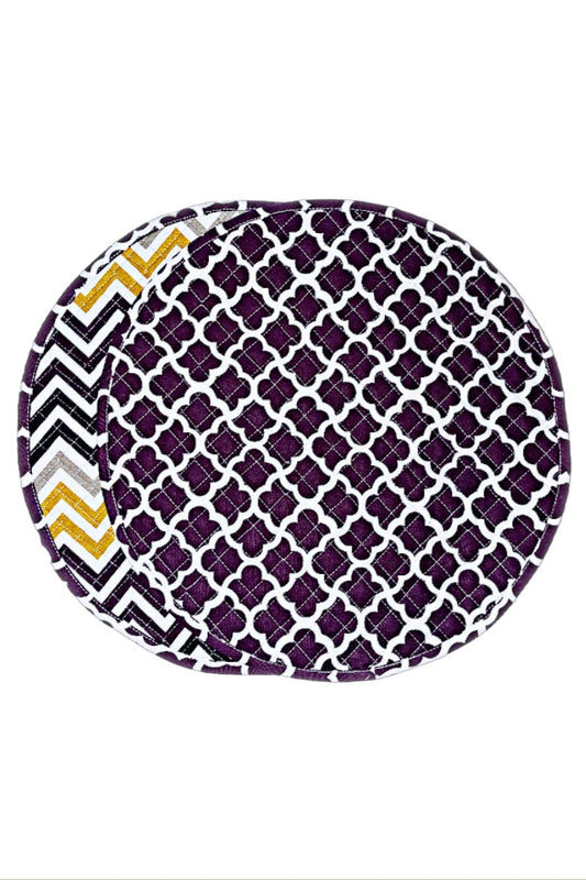 Hen House Linens latticework aubergine purple reversible chervron aubergine purple printed round quilted cloth placemats