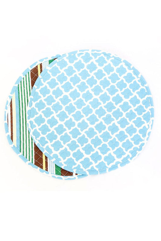 Hen House Linens latticework ocean blue reversible bold striped chocolate printed round quilted cloth placemats