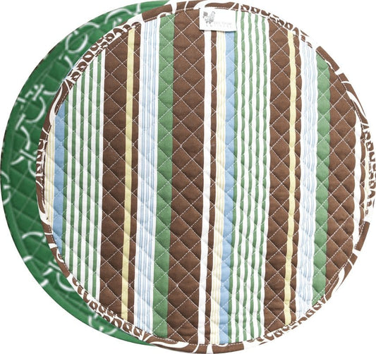 Hen House Linens linked-up ivy green reversible bold striped chocolate brown printed round quilted cloth placemats