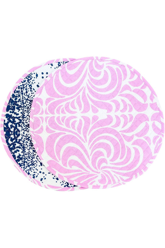 Hen House Linens nouveau orchid pink reversible stardust indigo blue printed round quilted cloth placemats
