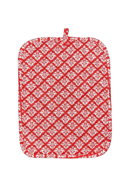Hen House Linens petite fleur-de-lis grenadine orange printed cloth 9" x 12" casserole potholders