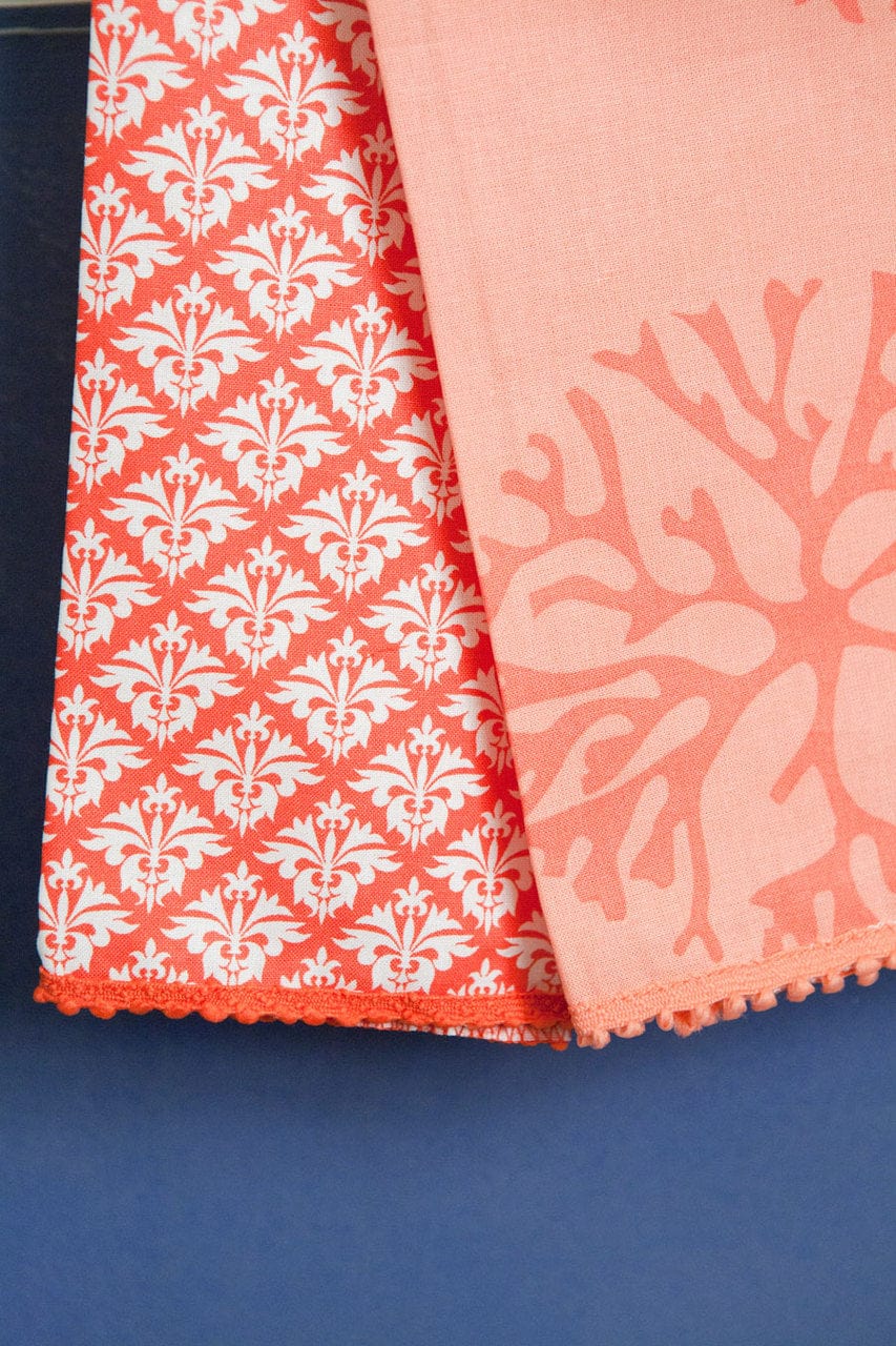 Hen House Linens petite fleur-de-lis grenadine orange printed cloth guest towels